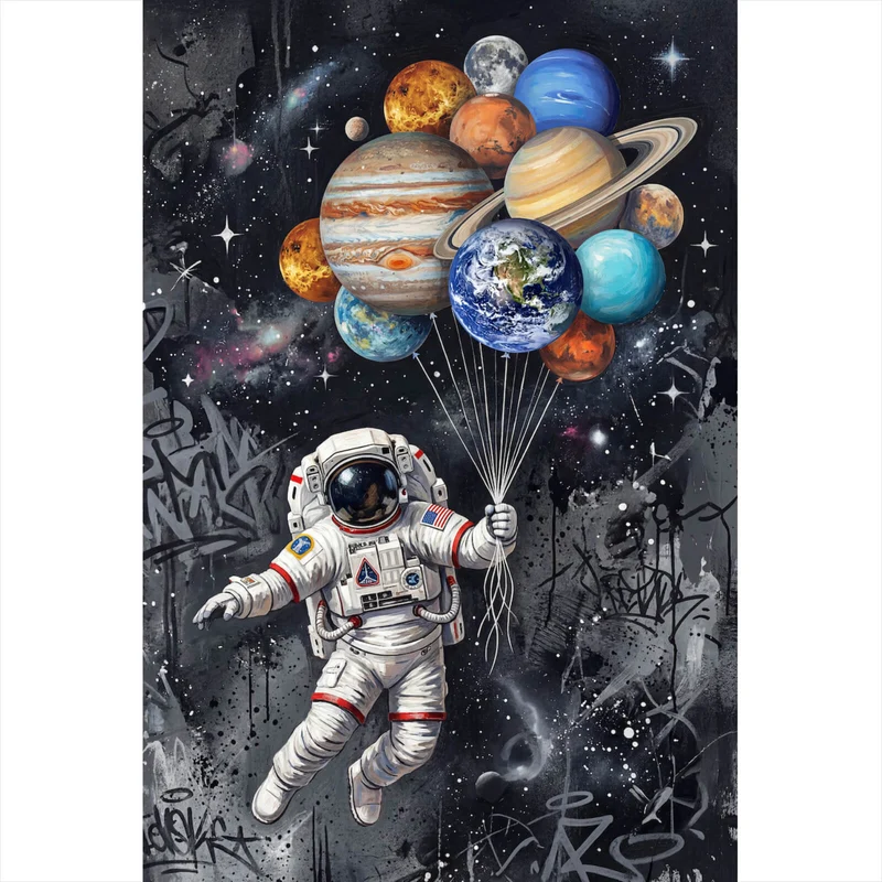 Poster Astronaut mit Planeten Ballons Hochformat