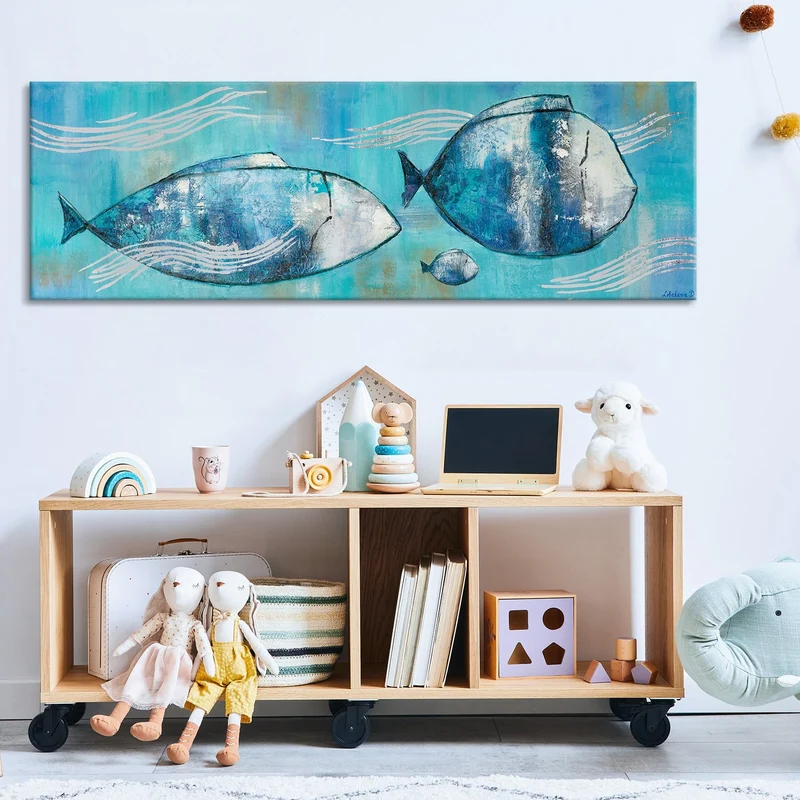 Moderne malerei acryl "Reisende Fische" 150x50cm