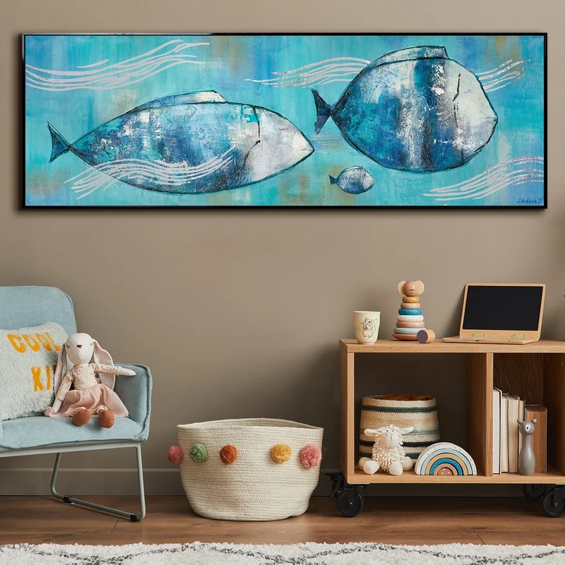 Moderne malerei acryl "Reisende Fische" 150x50cm