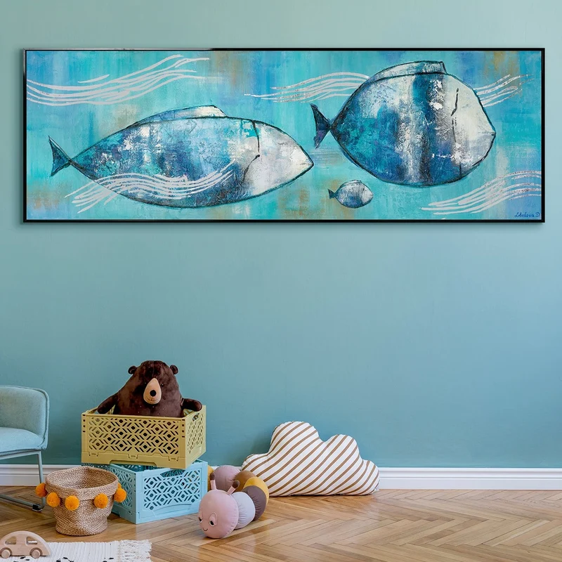 Moderne malerei acryl "Reisende Fische" 150x50cm