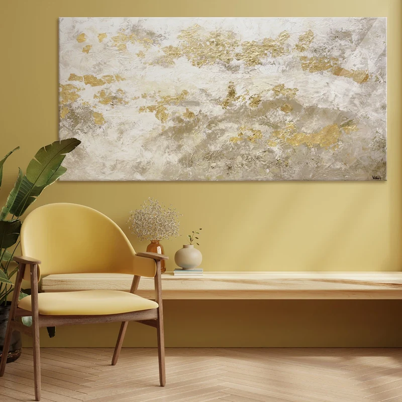 Acrylbilder abstrakt modern, handgemalte leinwandbilder mit Rahmen "Glänzendes Gold"