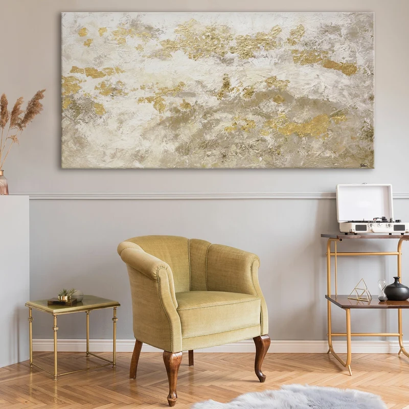 Acrylbilder abstrakt modern, handgemalte leinwandbilder mit Rahmen "Glänzendes Gold"