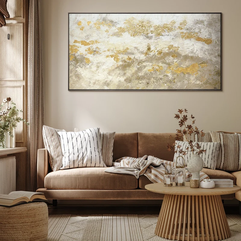 Acrylbilder abstrakt modern, handgemalte leinwandbilder mit Rahmen "Glänzendes Gold"