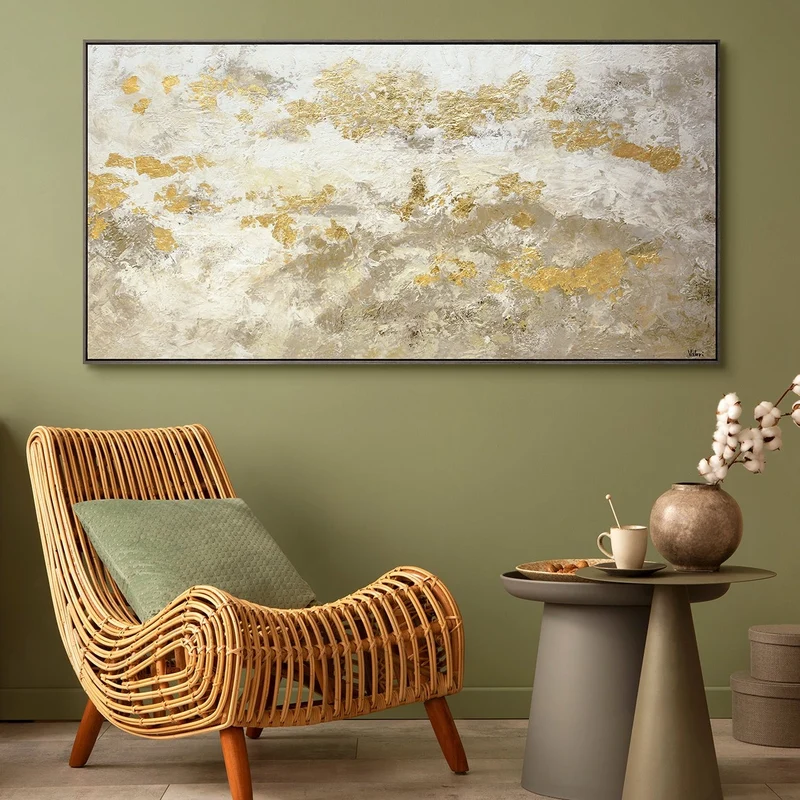 Acrylbilder abstrakt modern, handgemalte leinwandbilder mit Rahmen "Glänzendes Gold"