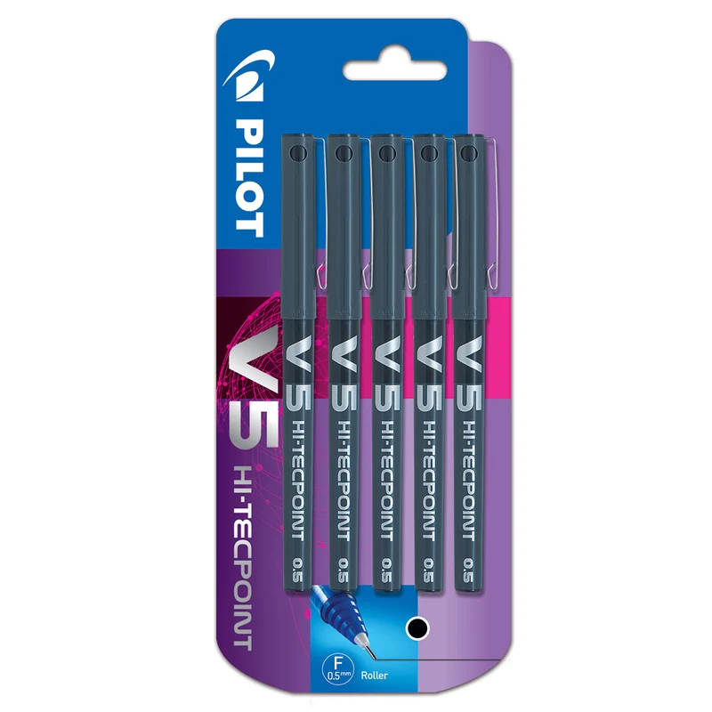 Pilot Hi-Tecpoint V5 - Liquid Ink Rollerball pen - Black - Fine Tip - 5x Pack