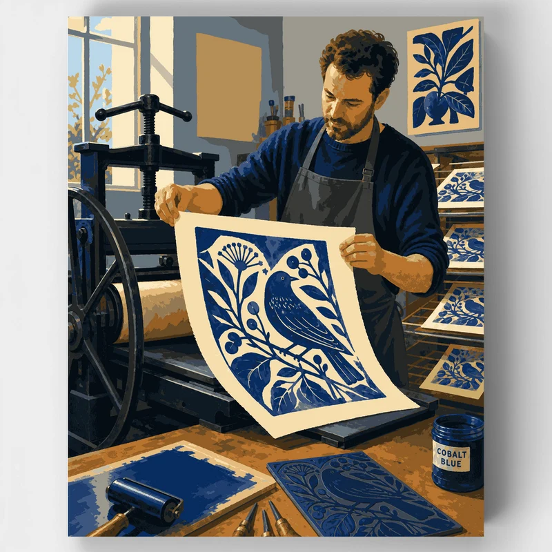 Cobalt Bird Linocut - Paint by Numbers Kit