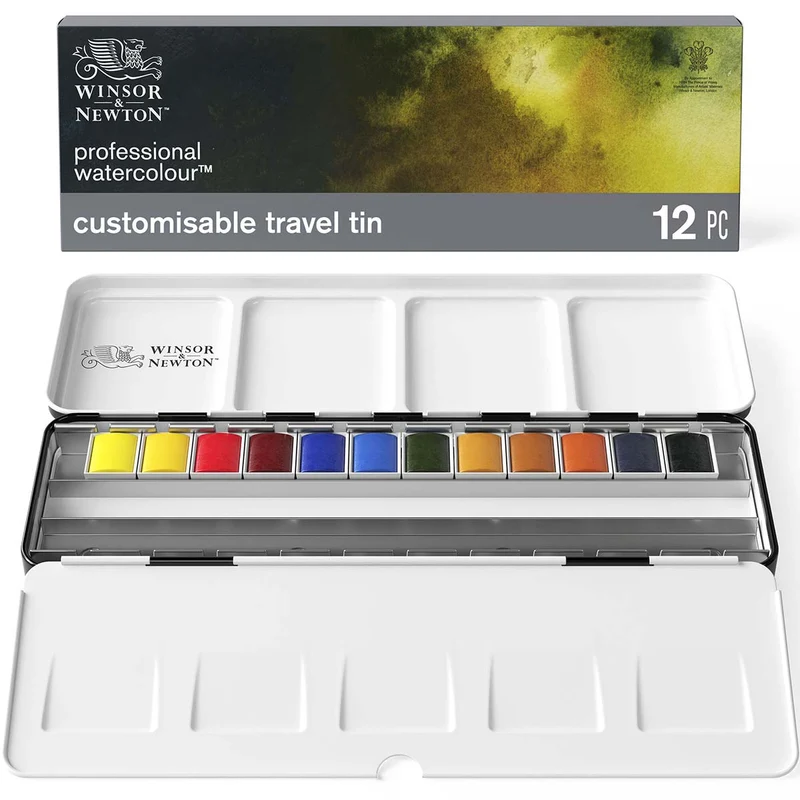 Winsor and Newton - Professional Artists' Watercolour Black Box - 12 x half pans