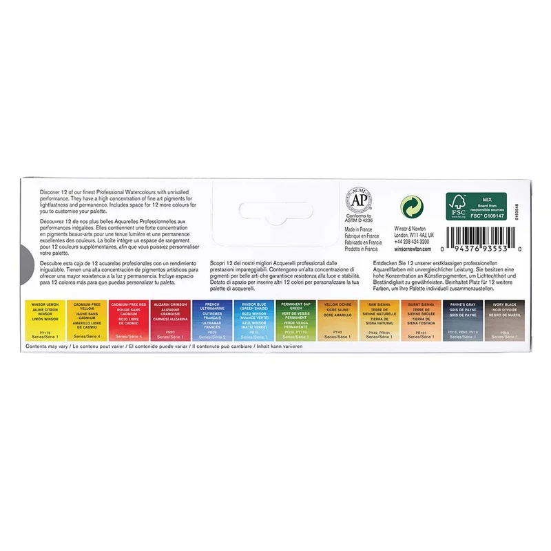 Winsor and Newton - Professional Artists' Watercolour Black Box - 12 x half pans