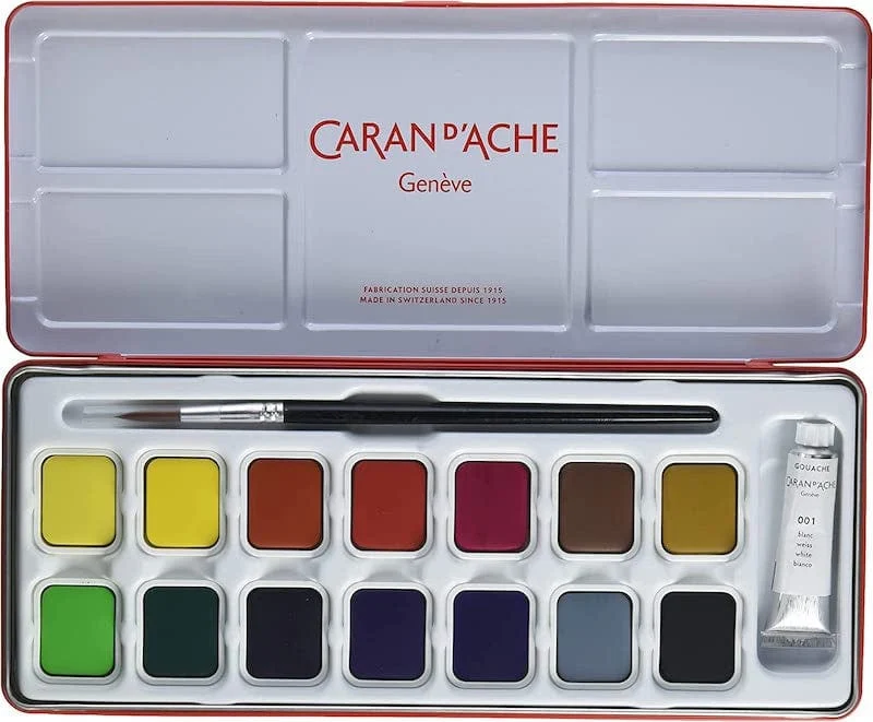 Caran D'Ache Gouache Studio Cake Assort. 15 Pans, Metal Box