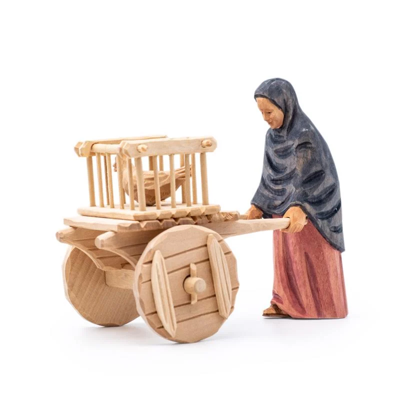 Frau mit Handkarren und Hühnerkäfig