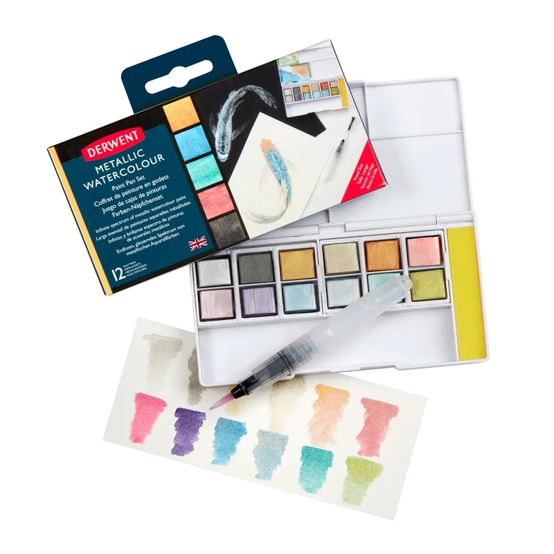Derwent - Metallic Watercolour Paint 12 Pan Palette Studio Set