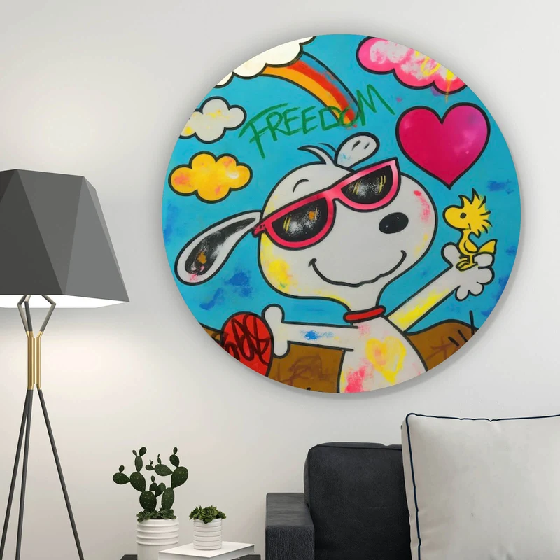 Aluminiumbild gebürstet Comic Hund Snoopi mit Herzmotiv Kreis