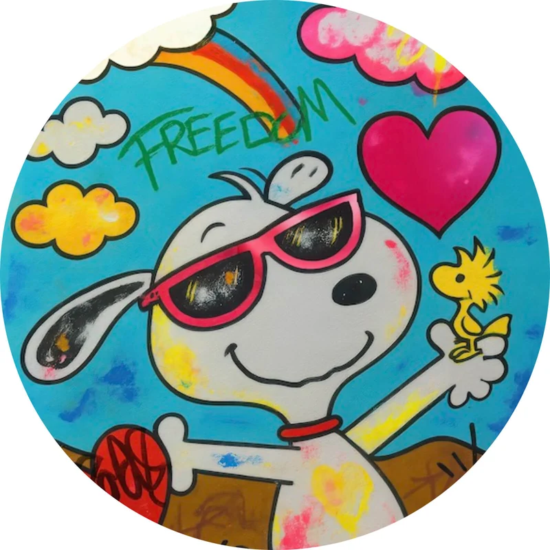 Aluminiumbild Comic Hund Snoopi mit Herzmotiv Kreis