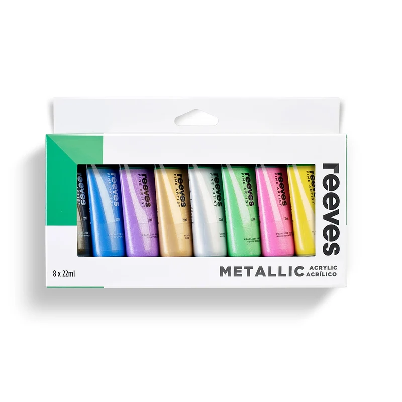 Reeves - 8 X 22ml Fine Artist Acrylic Paint Set Metallic Colours
