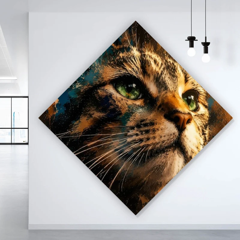 Aluminiumbild gebürstet Beeindruckendes modernes Katzenportrait im Street Art Stil Raute