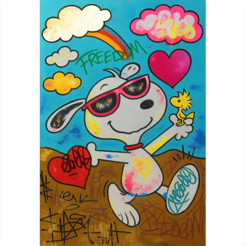 Acrylglasbild Comic Hund Snoopi mit Herzmotiv Hochformat