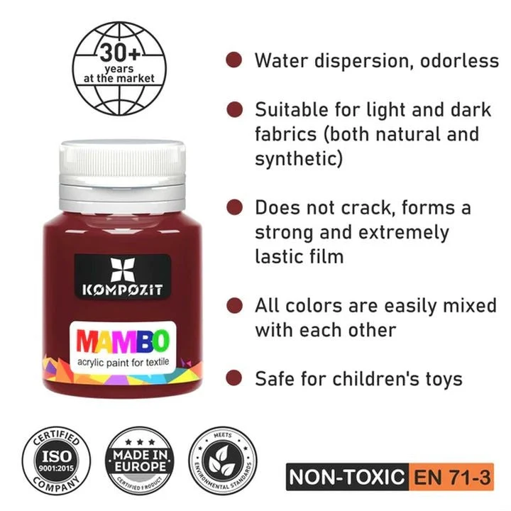 MAMBO Kompozit Fabric and Leather Paint Set, 6 x 20 ml