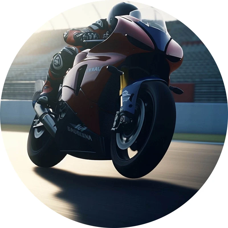 Aluminiumbild gebürstet Rennmotorrad bei Sonnenuntergang auf Rennstrecke Kreis