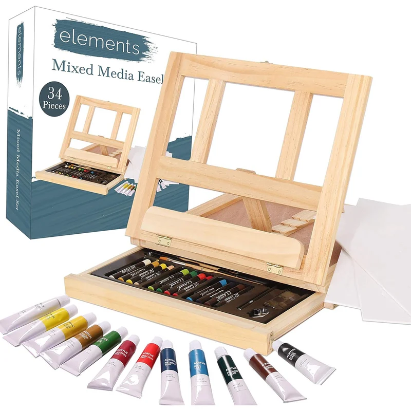 Elements Mixed Media Easel Set With Acrylic Paints and Oil Pastels