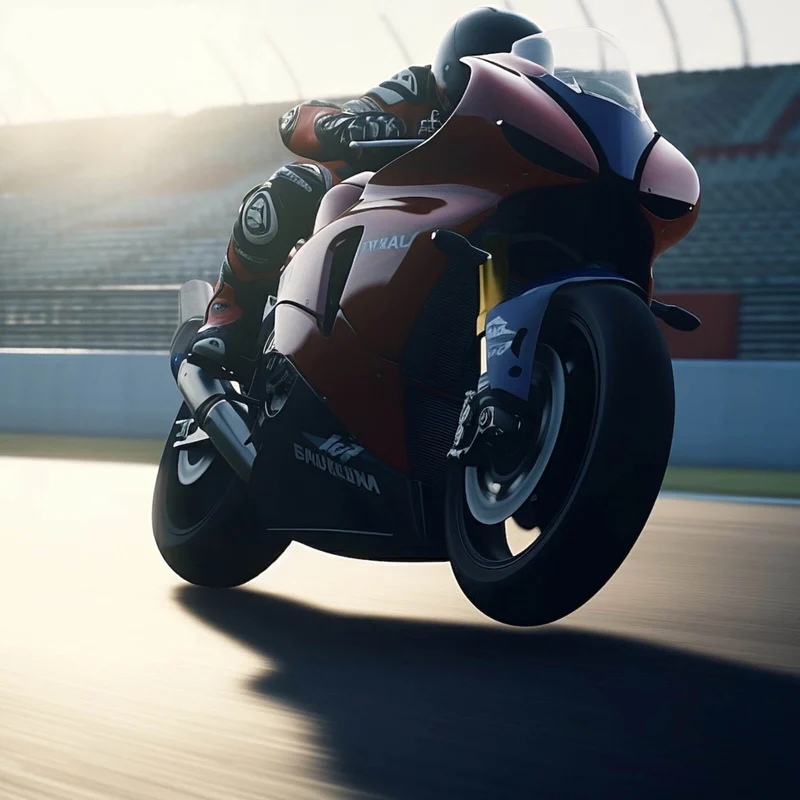 Leinwandbild Rennmotorrad bei Sonnenuntergang auf Rennstrecke Quadrat