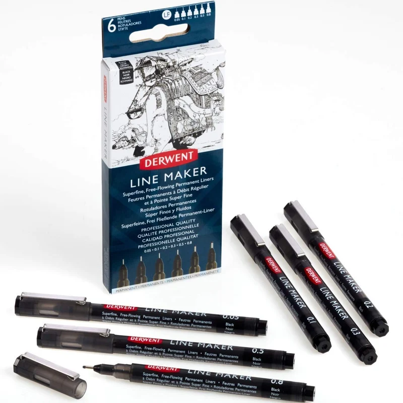 Derwent - Line Maker Pens - Black - 6x Assorted Size Nibs