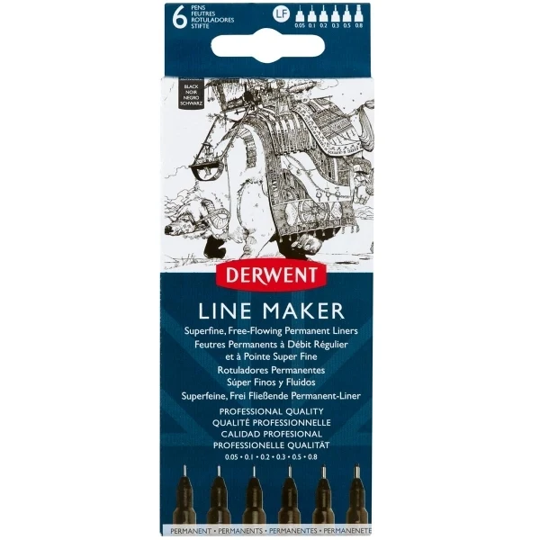 Derwent - Line Maker Pens - Black - 6x Assorted Size Nibs