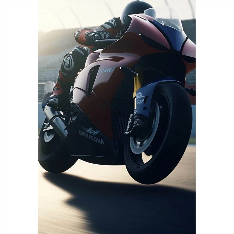 Poster Rennmotorrad bei Sonnenuntergang auf Rennstrecke Hochformat