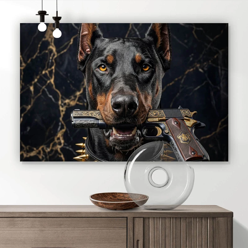 Acrylglasbild Furchtloser Dobermann Querformat