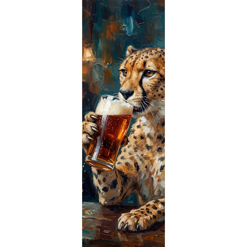 Poster Leopard genießt Bier in rustikalem Ambiente Panorama Hoch