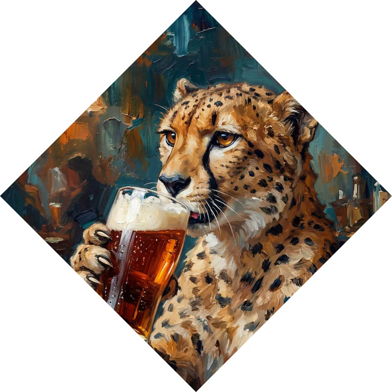 Aluminiumbild gebürstet Leopard genießt Bier in rustikalem Ambiente Raute