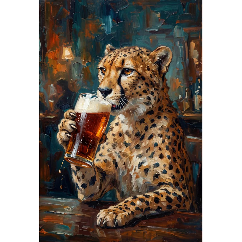 Leinwandbild Leopard genießt Bier in rustikalem Ambiente Hochformat
