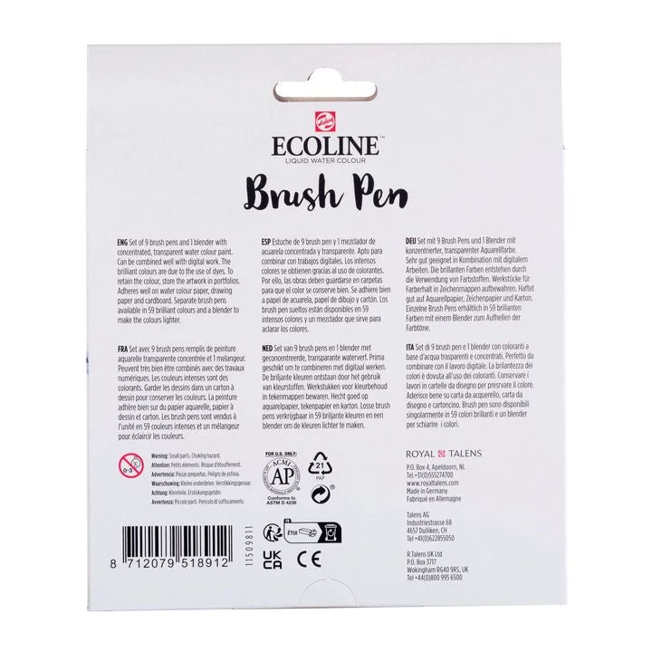 Ecoline Brush Pen Watercolor Pens, Pastel, Set of 10