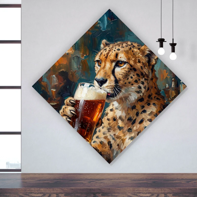 Leinwandbild Leopard genießt Bier in rustikalem Ambiente Raute
