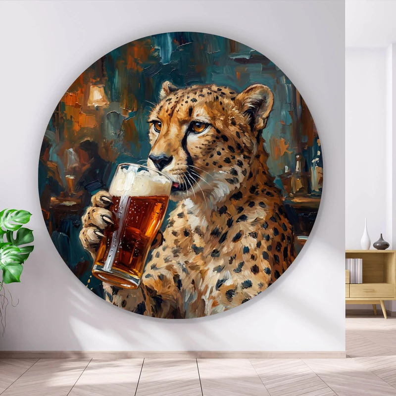 Aluminiumbild Leopard genießt Bier in rustikalem Ambiente Kreis