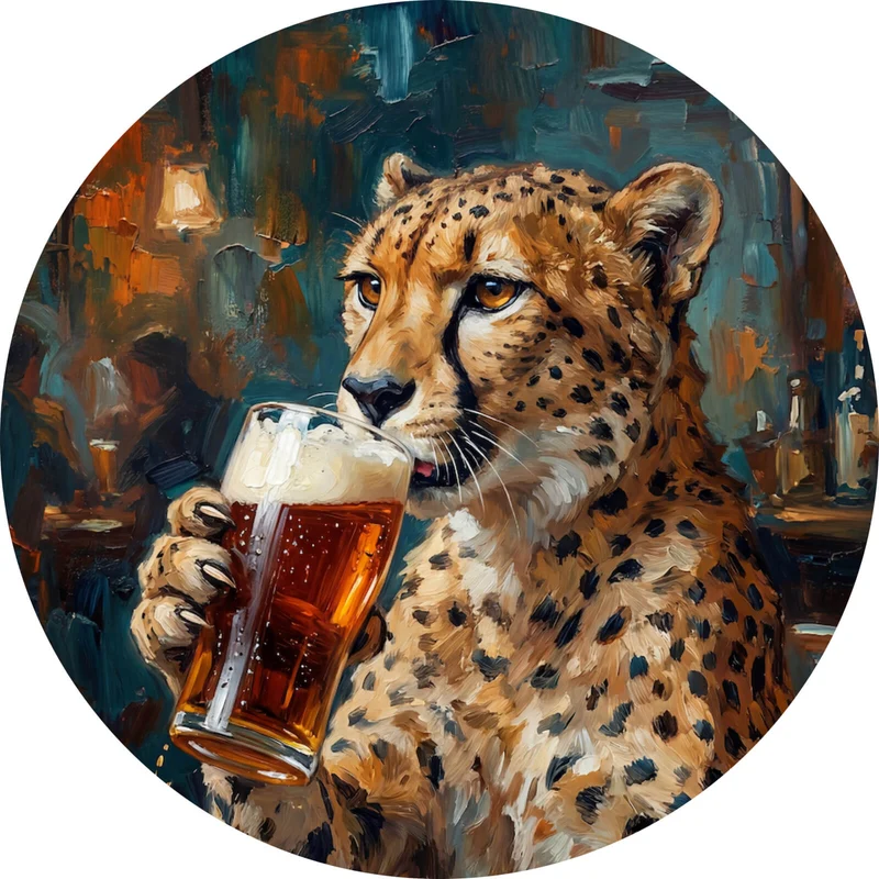 Aluminiumbild Leopard genießt Bier in rustikalem Ambiente Kreis