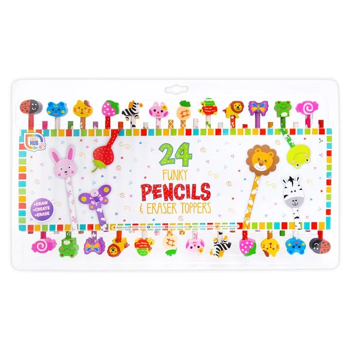 Set of 24 Colored Pencils with Fun Erasers
