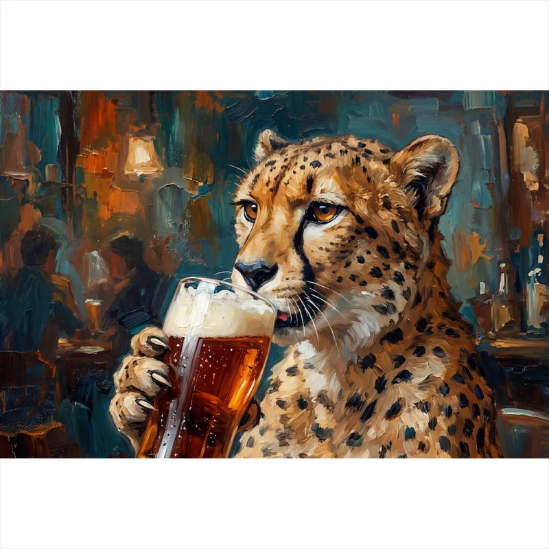 Acrylglasbild Leopard genießt Bier in rustikalem Ambiente Querformat