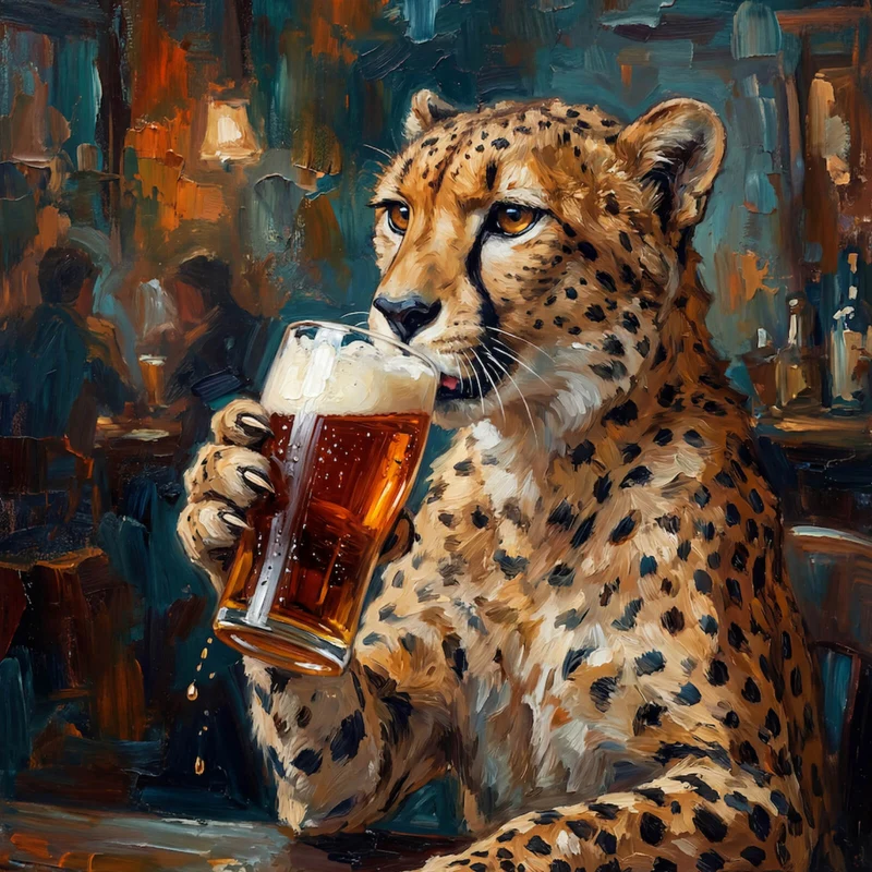 Poster Leopard genießt Bier in rustikalem Ambiente Quadrat
