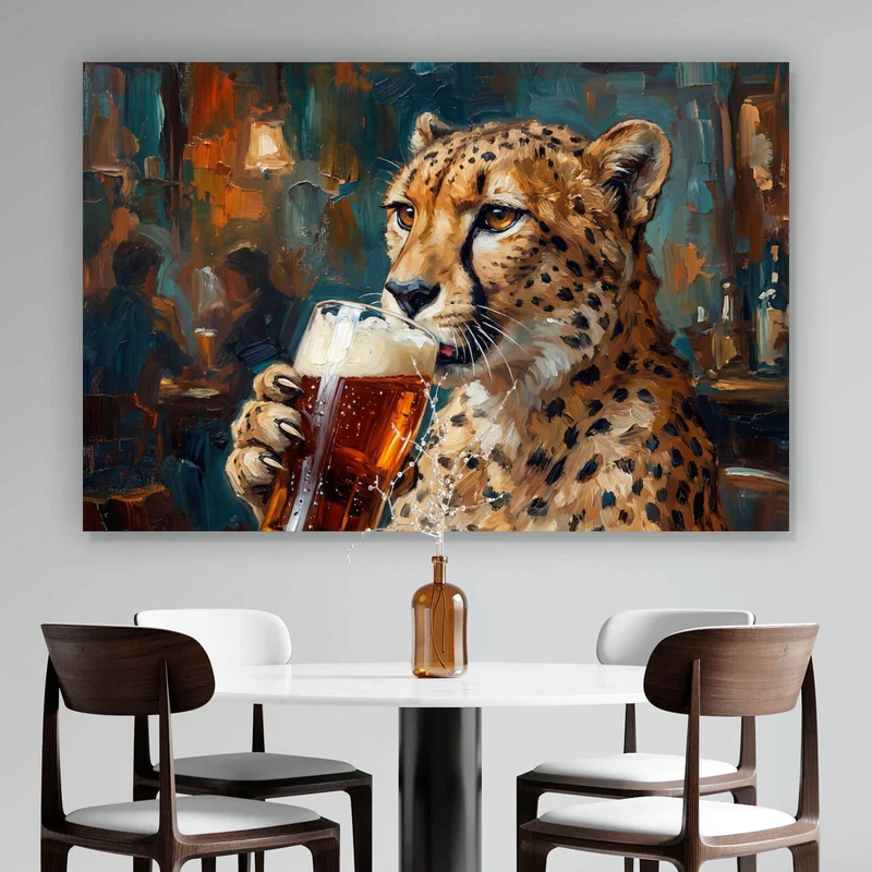 Leinwandbild Leopard genießt Bier in rustikalem Ambiente Querformat