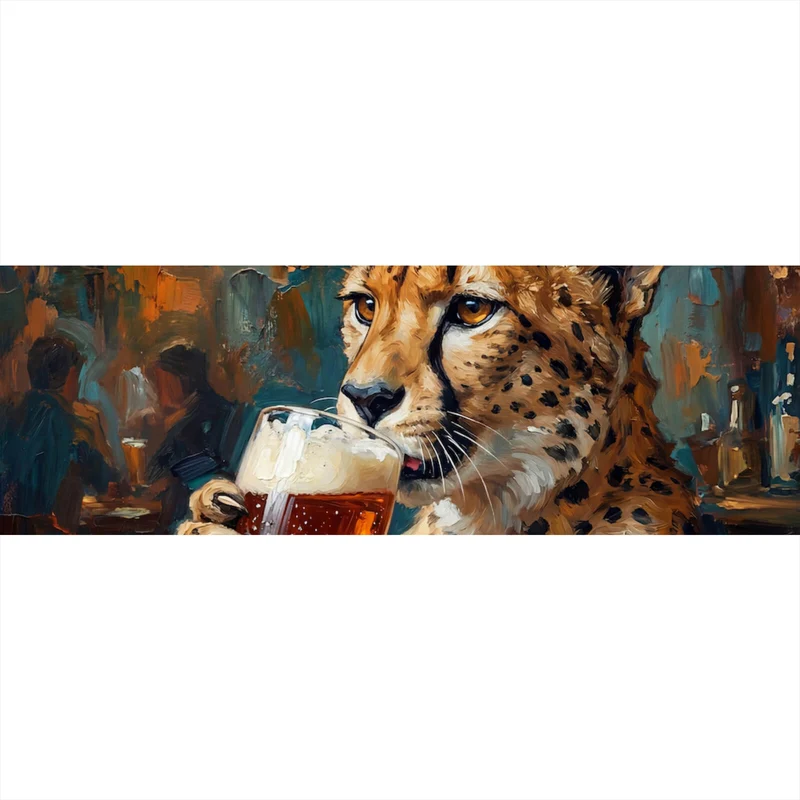 Aluminiumbild gebürstet Leopard genießt Bier in rustikalem Ambiente Panorama