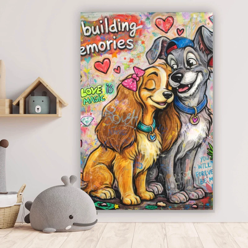 Aluminiumbild gebürstet Liebevolles Hundepaar Graffiti mit Spruch Hochformat