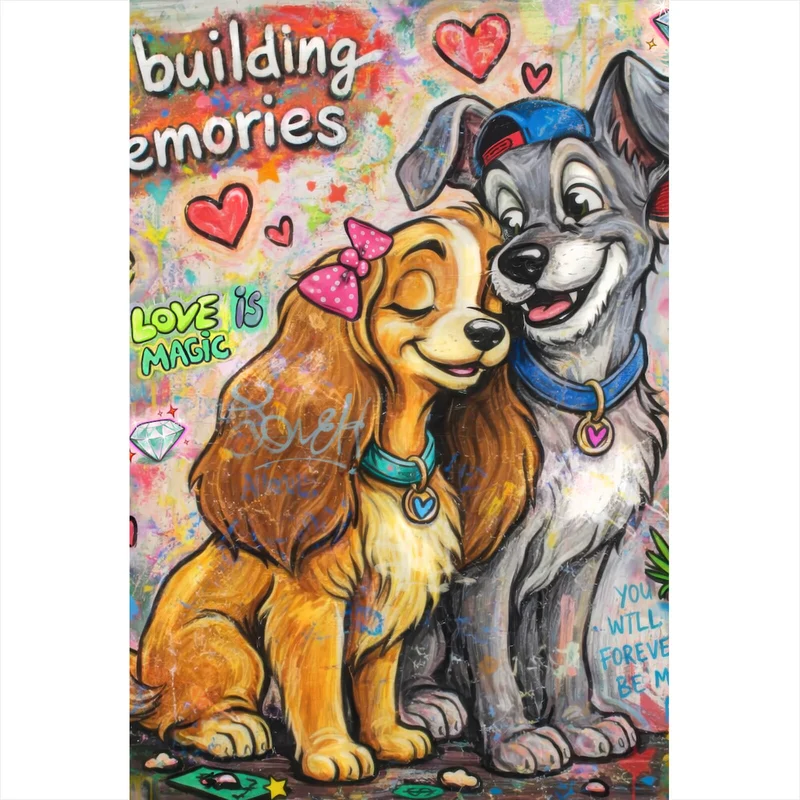 Aluminiumbild gebürstet Liebevolles Hundepaar Graffiti mit Spruch Hochformat