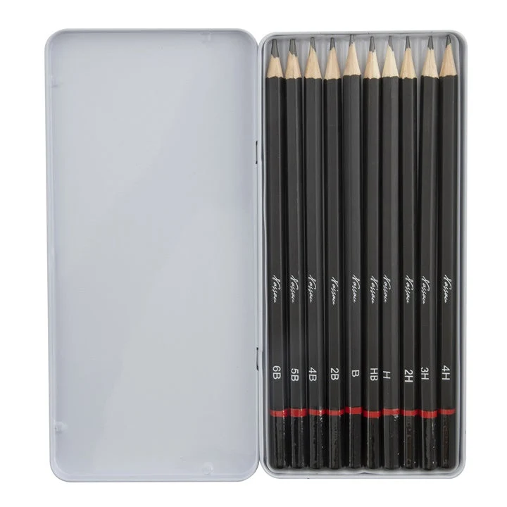 Set of 10 Sketching Pencils in a Tin Box