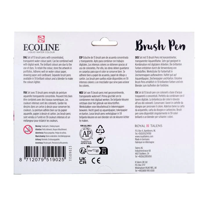 Ecoline Brush Pen Watercolor Pens, Set of 15