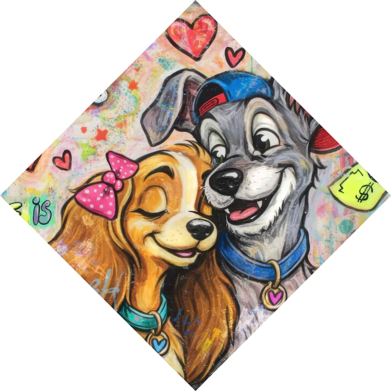 Aluminiumbild gebürstet Liebevolles Hundepaar Graffiti mit Spruch Raute
