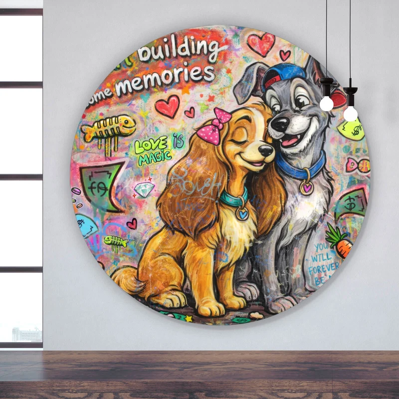 Aluminiumbild Liebevolles Hundepaar Graffiti mit Spruch Kreis