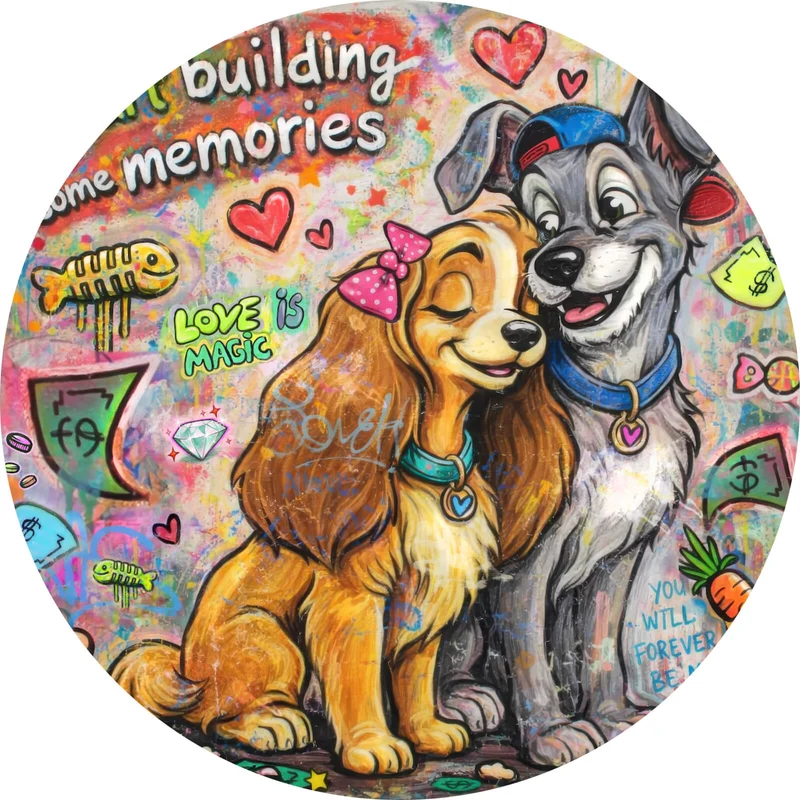 Aluminiumbild Liebevolles Hundepaar Graffiti mit Spruch Kreis