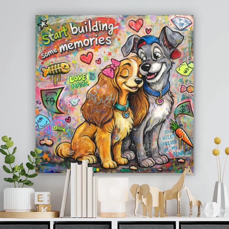 Aluminiumbild gebürstet Liebevolles Hundepaar Graffiti mit Spruch Quadrat