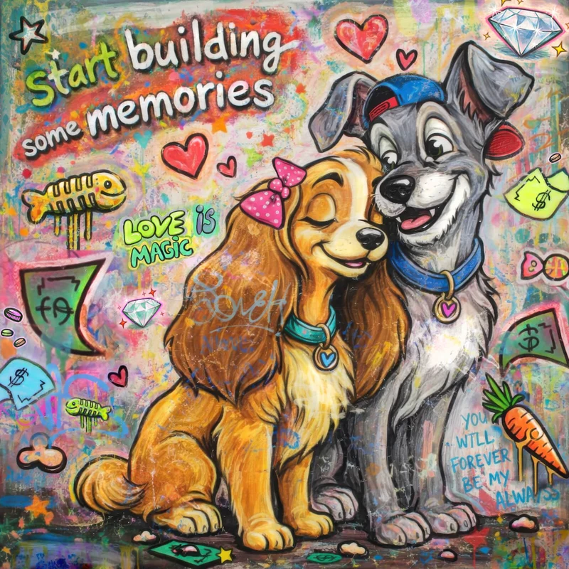 Aluminiumbild gebürstet Liebevolles Hundepaar Graffiti mit Spruch Quadrat