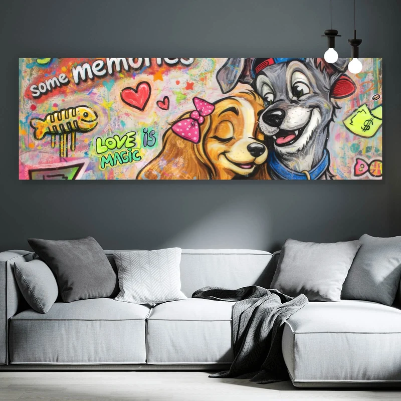 Poster Liebevolles Hundepaar Graffiti mit Spruch Panorama